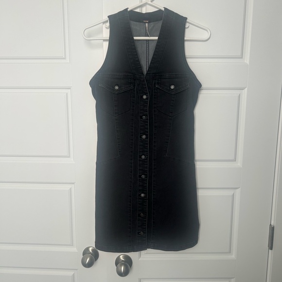 Free People Black Denim Button-Front Mini Dress - Picture 3 of 5